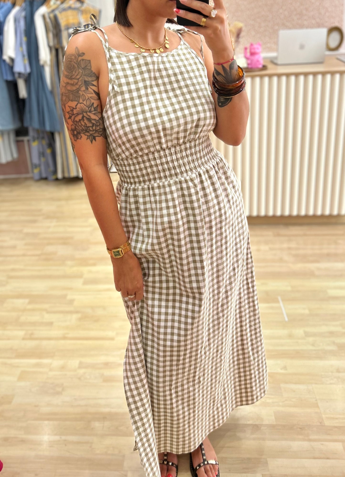 robe longue carreau kaki